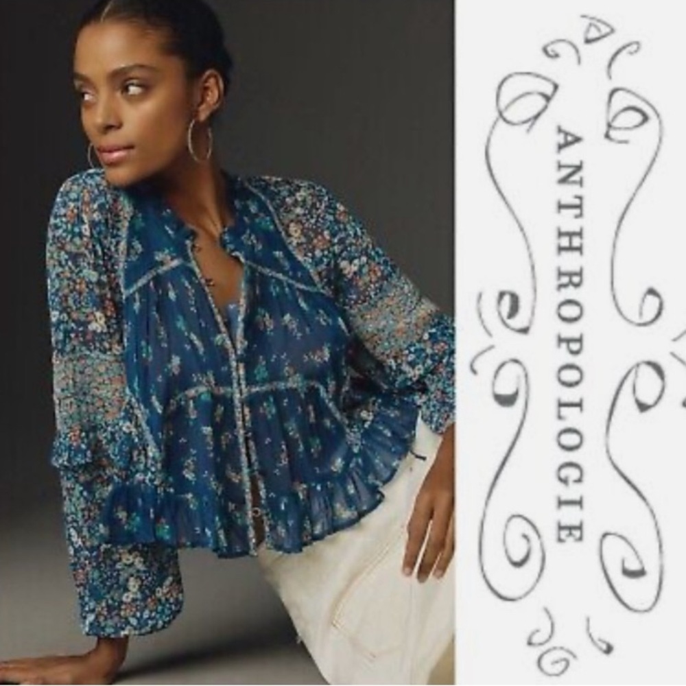 Anthropologie Navy Floral Peasant Blouse